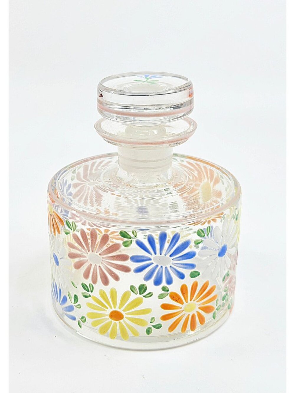 1930s Beautiful Hand Painted Floral Czech Glass Perfume Bottle w multicolor Dais